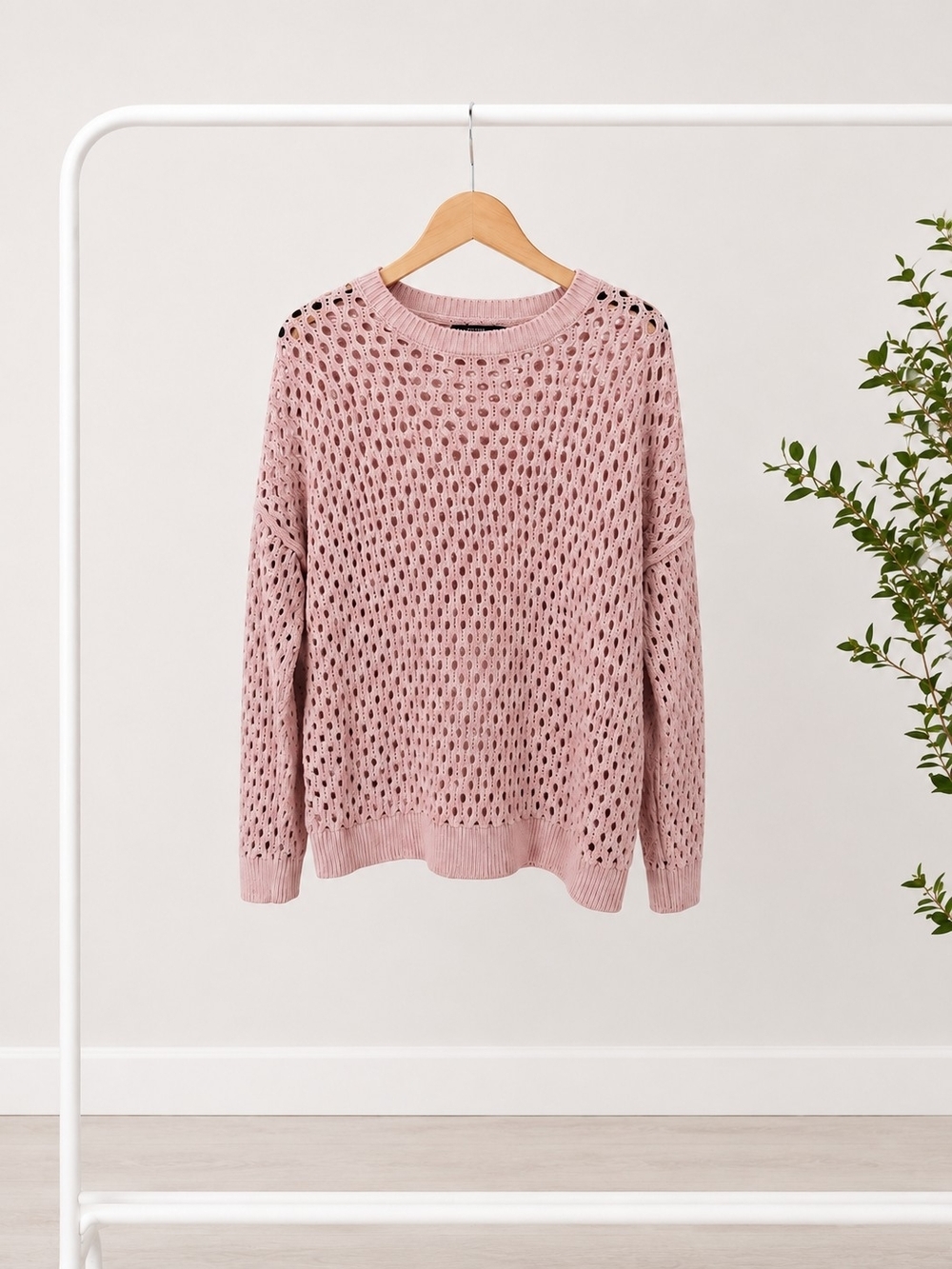 Forever 21 Pink Open Knit Sweater Women's Size Large Crochet Pullover